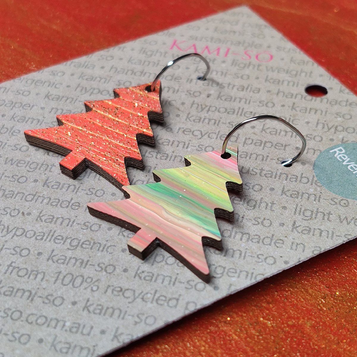 Reversible Christmas Tree Recycled Paper Earrings - Red & Gold / Pastel Stripes