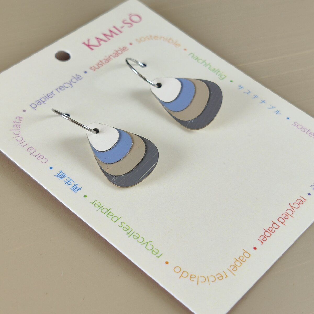 Teardrop Layered Recycled Paper Earrings - Cream, Blue & Grey