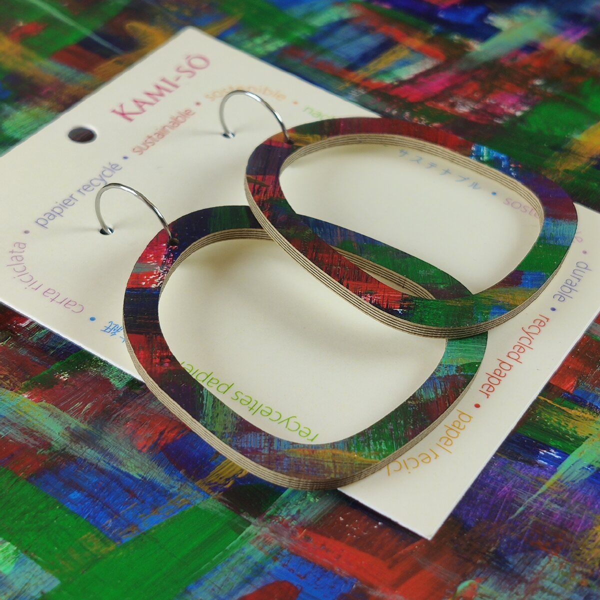 Square Recycled Paper Earrings - Dark Multicolour Brushstrokes