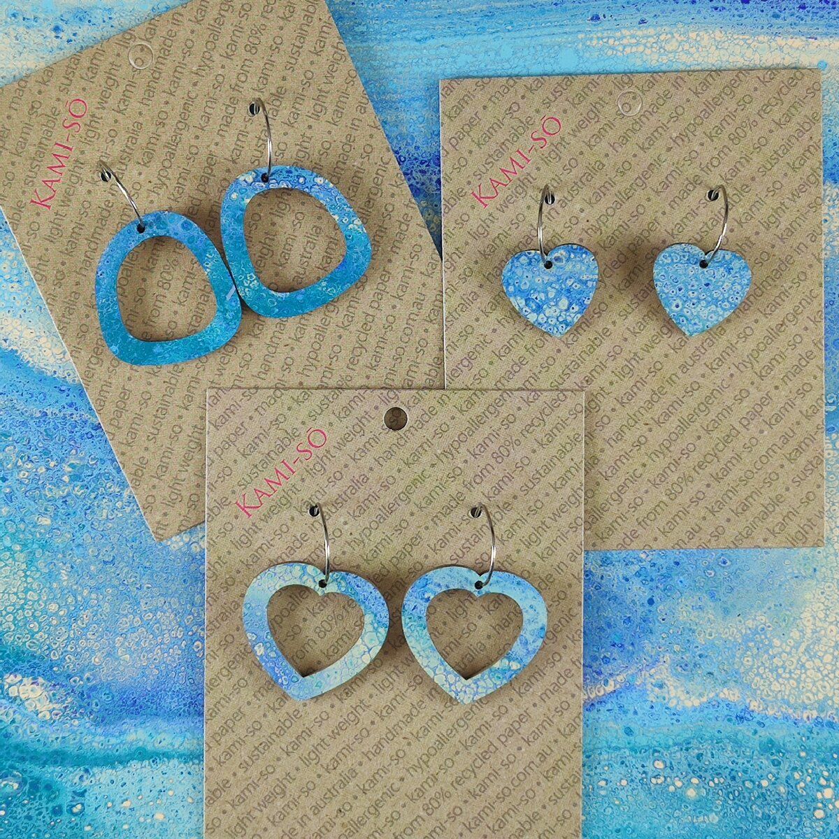 Mini Recycled Paper Earrings - Ocean Blues Crackle