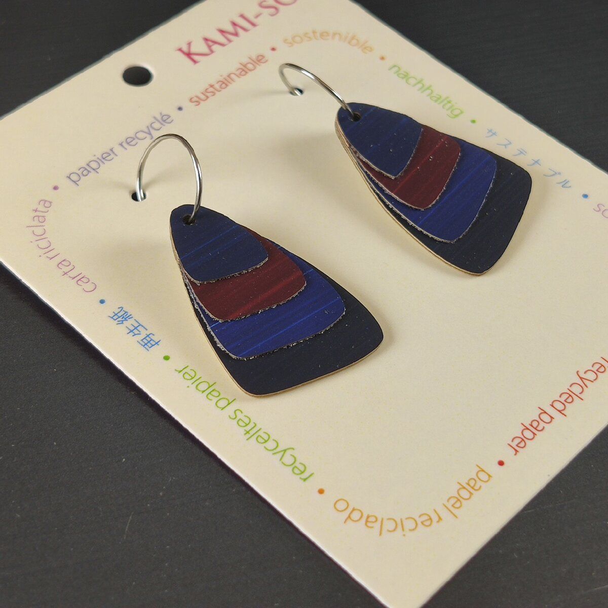 Triangle Layered Recycled Paper Earrings - Navy & Burgundy