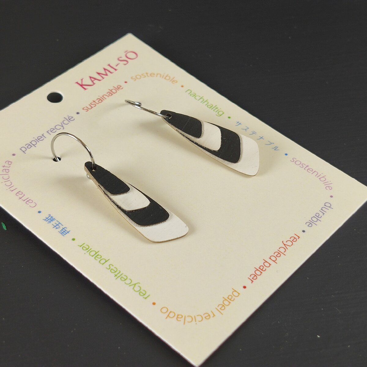 Triangle Layered Recycled Paper Earrings - Black & White