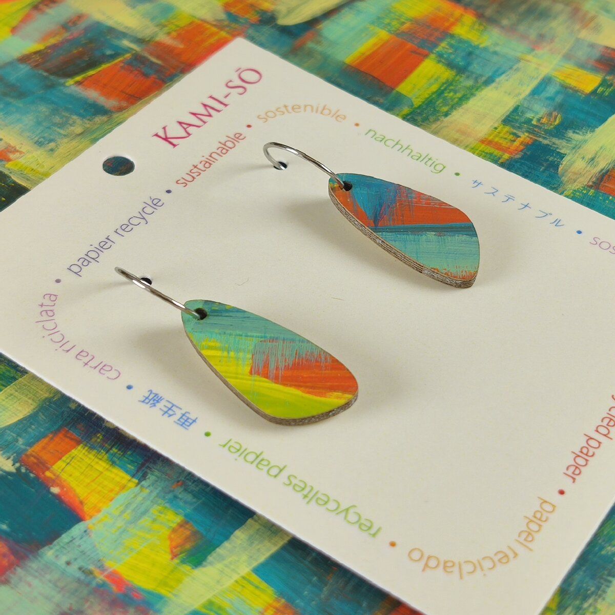 Oval Recycled Paper Earrings - Blue, Cream, Orange & Yellow Brushstrokes