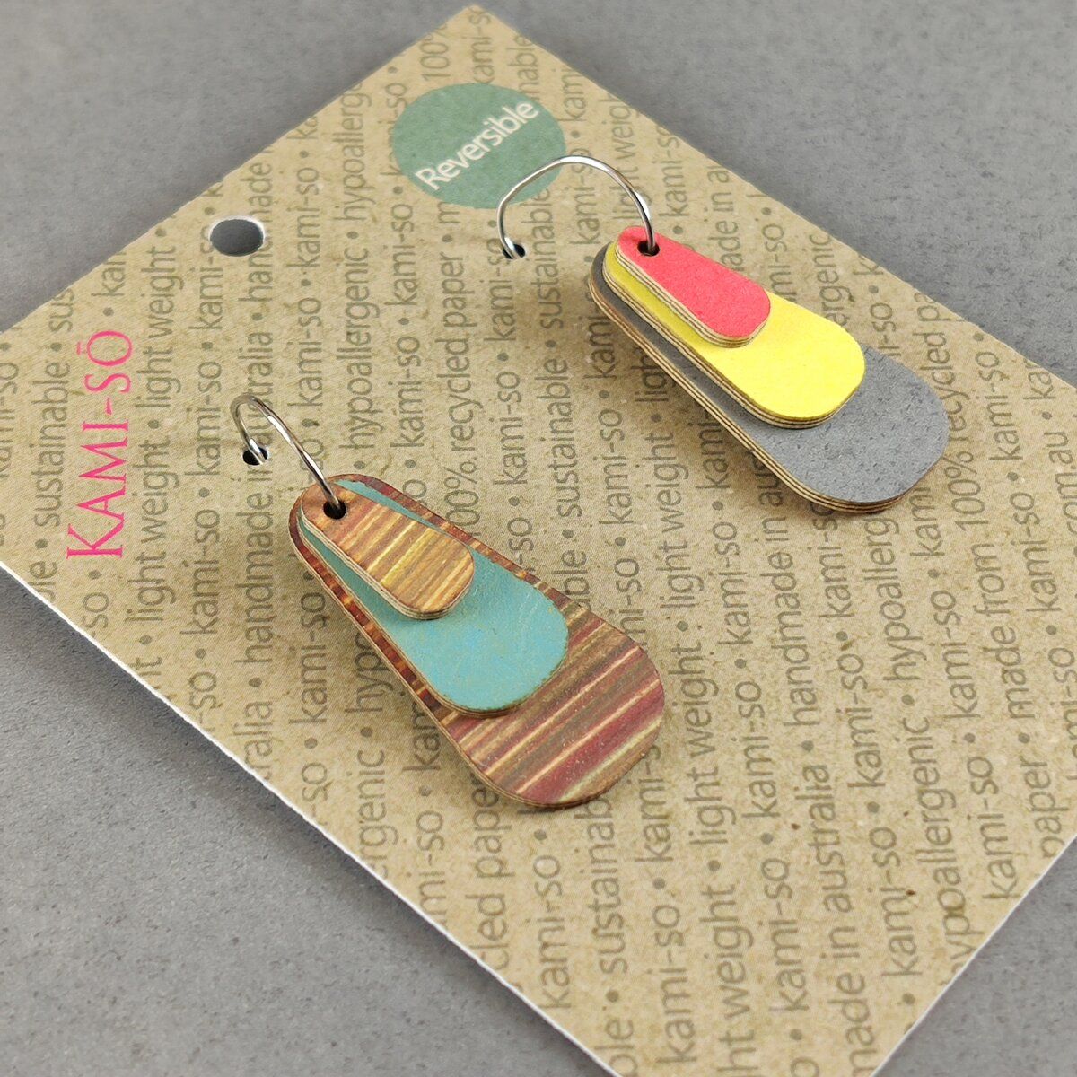 Reverse-A-Tile Expanding Triangle Recycled Paper Earrings - Brown Stripe & Teal / Red, Yellow & Grey