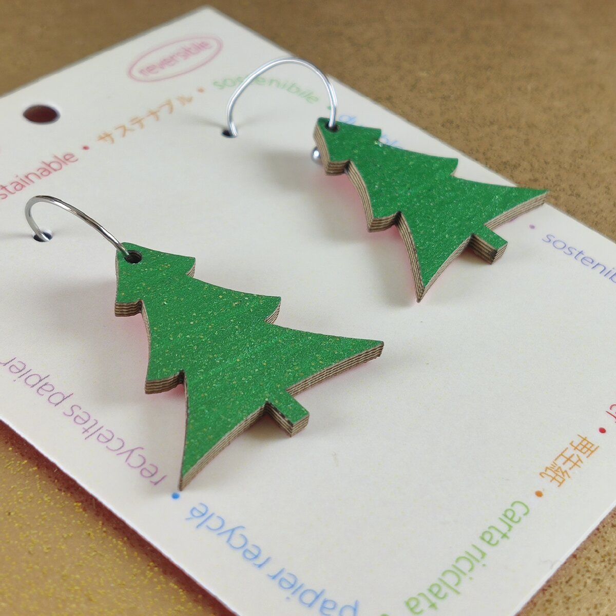 Reversible Christmas Tree Recycled Paper Earrings - Green Sparkle / Red Sparkle