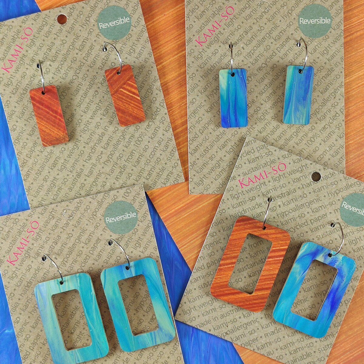 Reversible Rectangle Recycled Paper Earrings - Ocean Blue / Burnt Orange