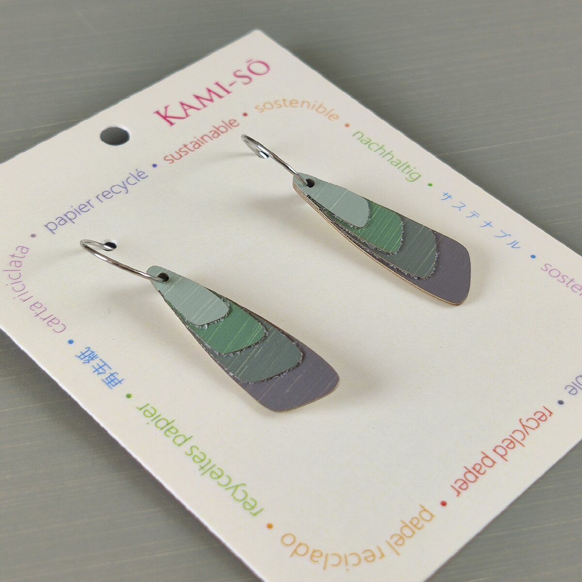 Triangle Layered Recycled Paper Earrings - Green & Grey