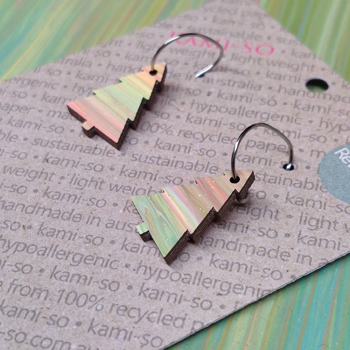 Reversible Christmas Tree Recycled Paper Earrings - Red & Gold / Pastel Stripes