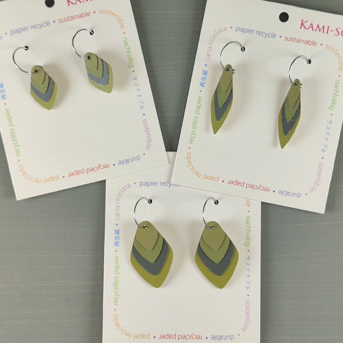 Diamond Layered Recycled Paper Earrings - Olive & Grey