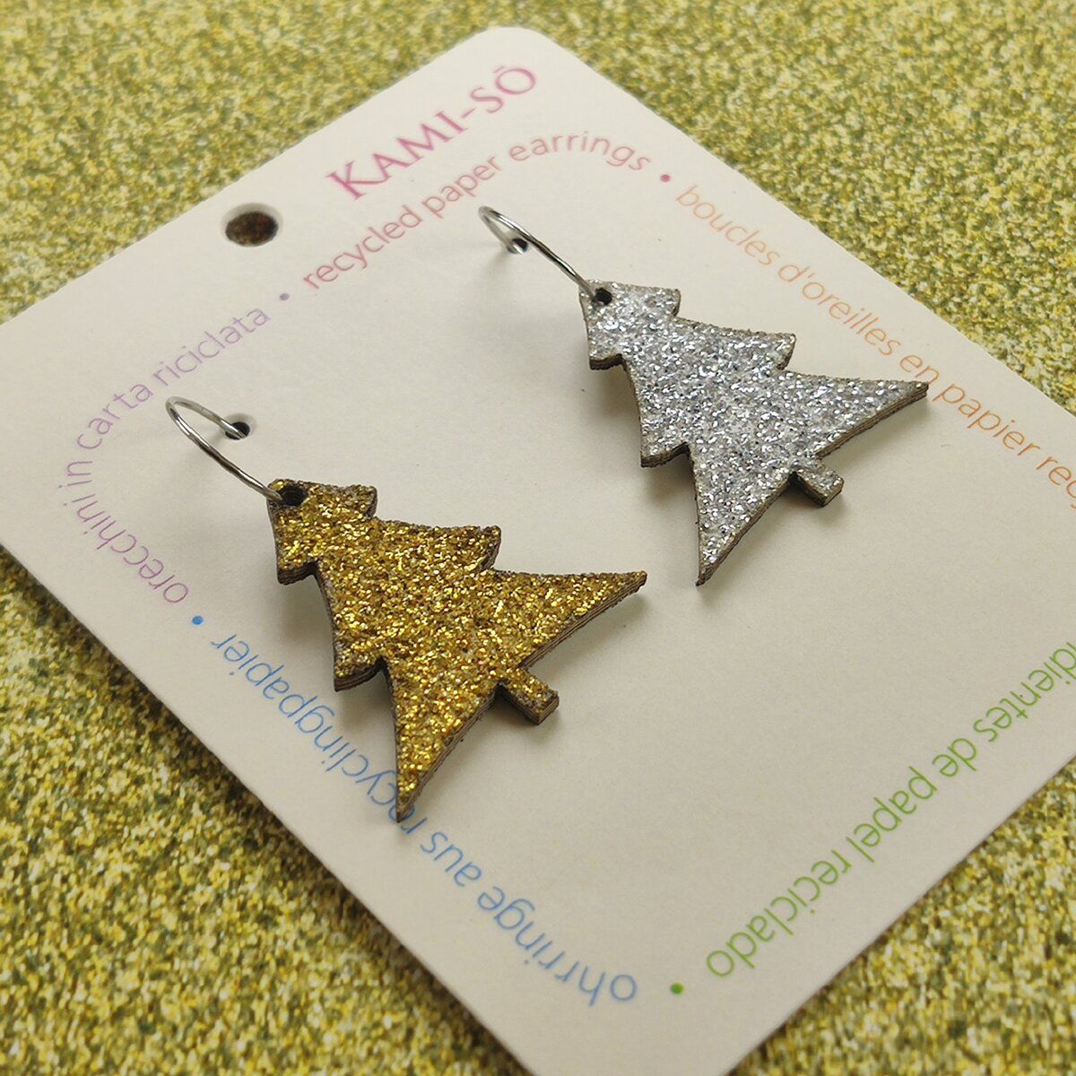 Reversible Christmas Tree Recycled Paper Earrings - Silver Sparkle / Gold Sparkle