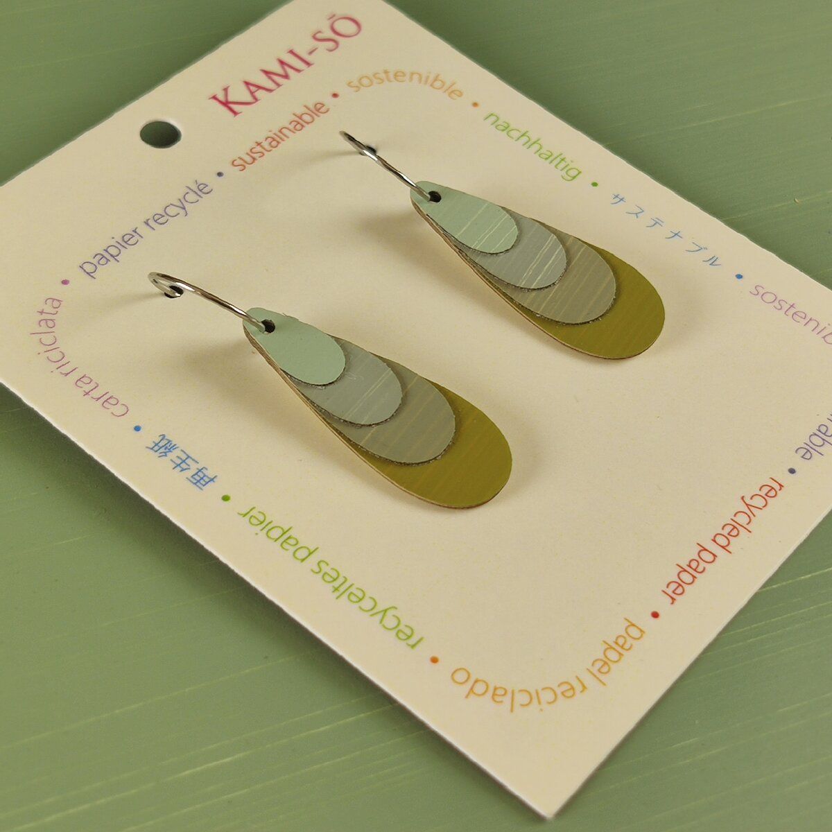 Teardrop Layered Recycled Paper Earrings - Olive & Sage