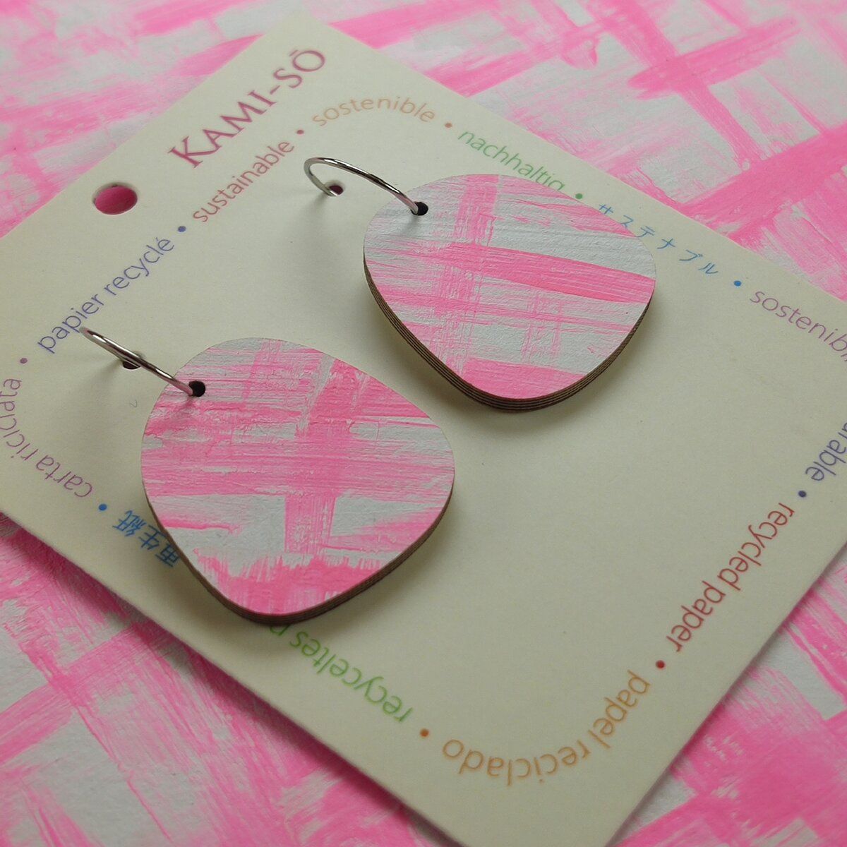Square Recycled Paper Earrings - Pink & White