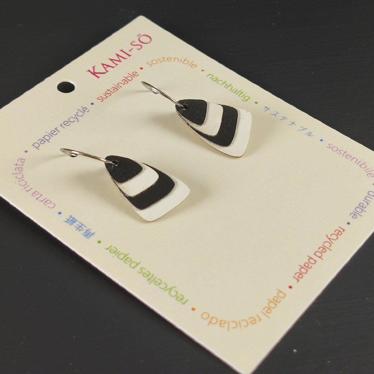 Triangle Layered Recycled Paper Earrings - Black & White