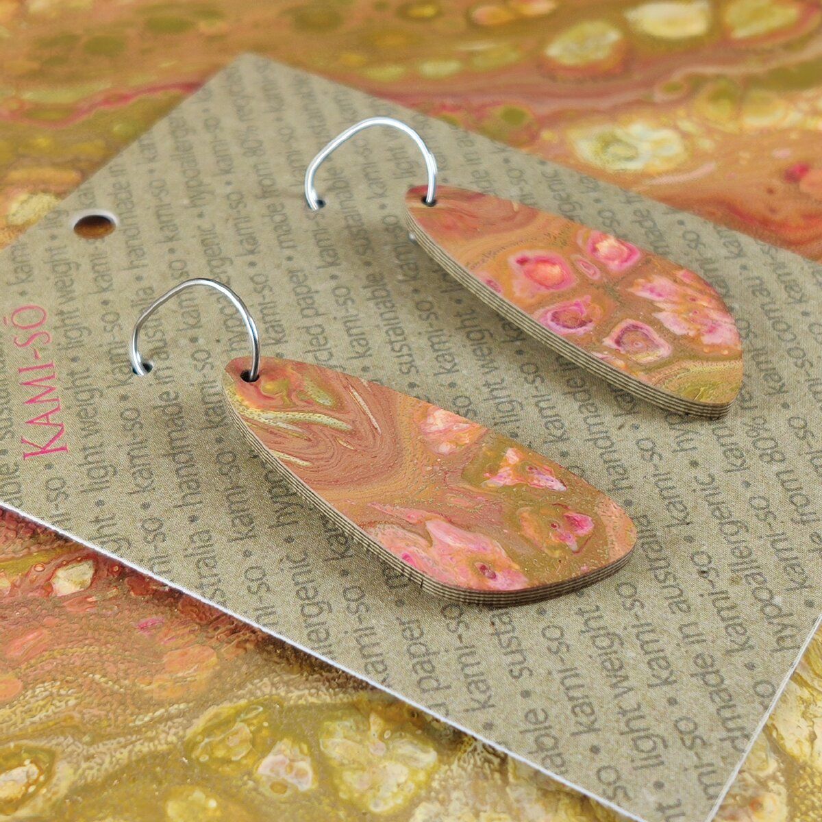Oval Recycled Paper Earrings - Gold & Red