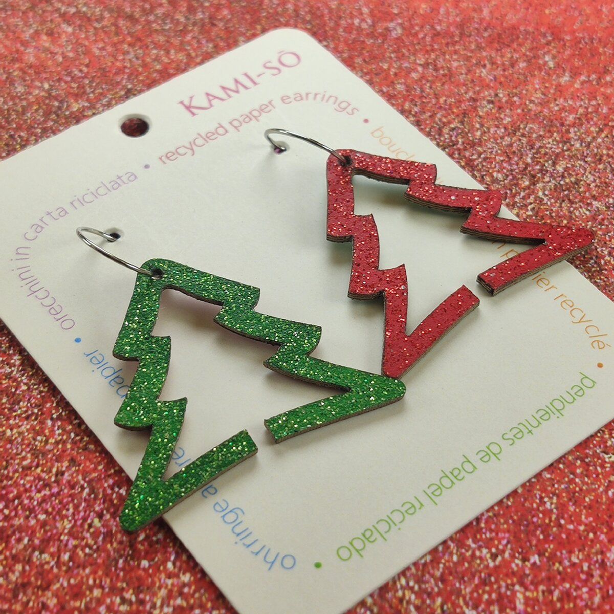 Reversible Christmas Tree Recycled Paper Earrings - Red Sparkle / Green Sparkle