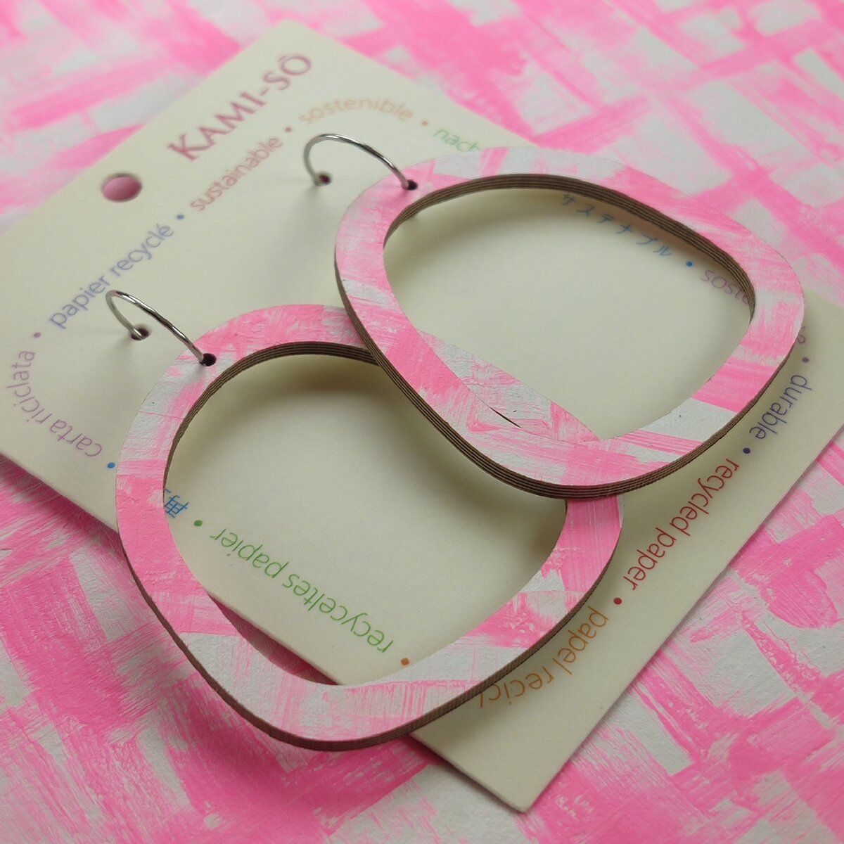 Square Recycled Paper Earrings - Pink & White