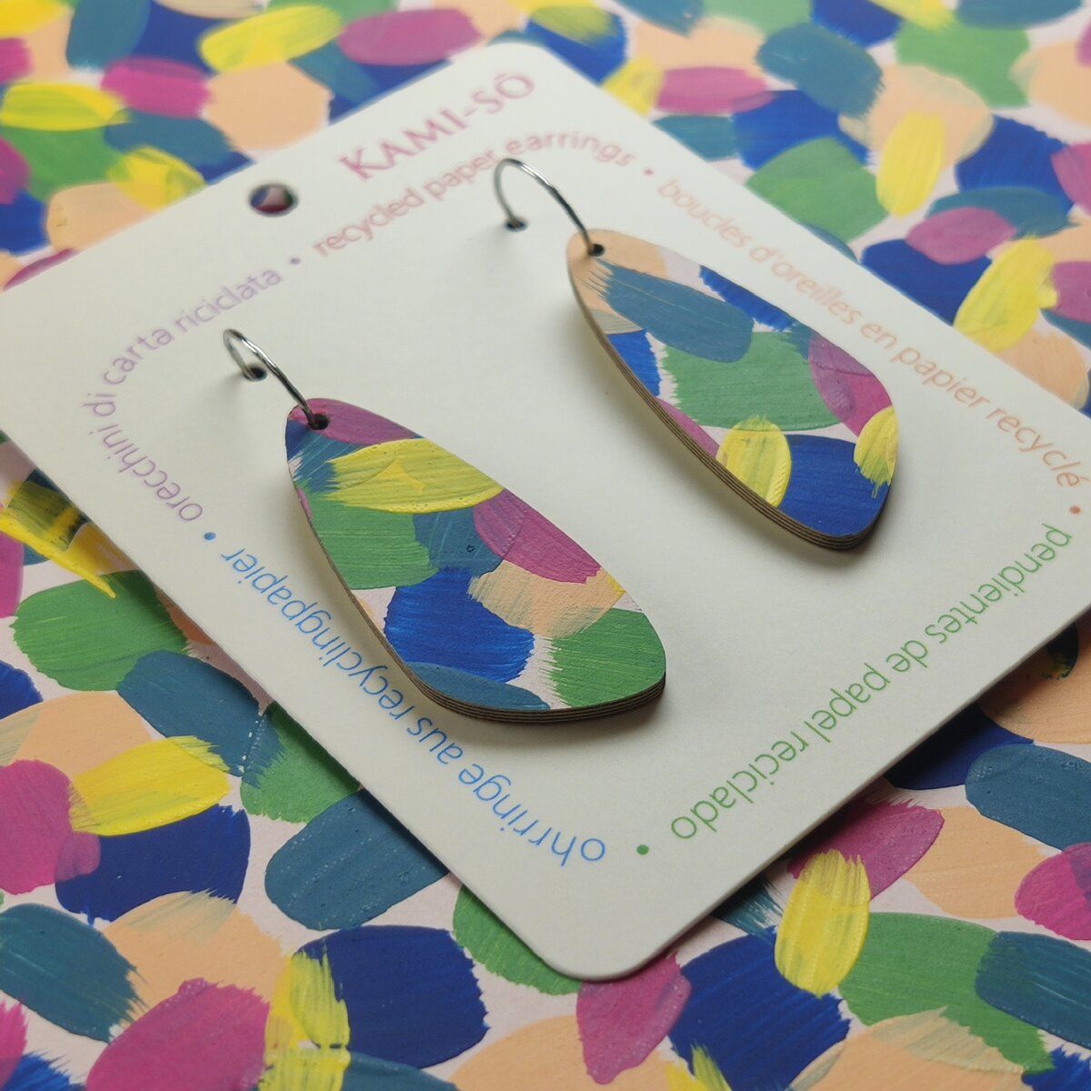Oval Recycled Paper Earrings - Blue, Green, Magenta & Yellow