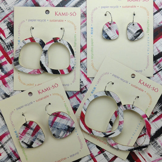 Square Recycled Paper Earrings - Black, Red & White