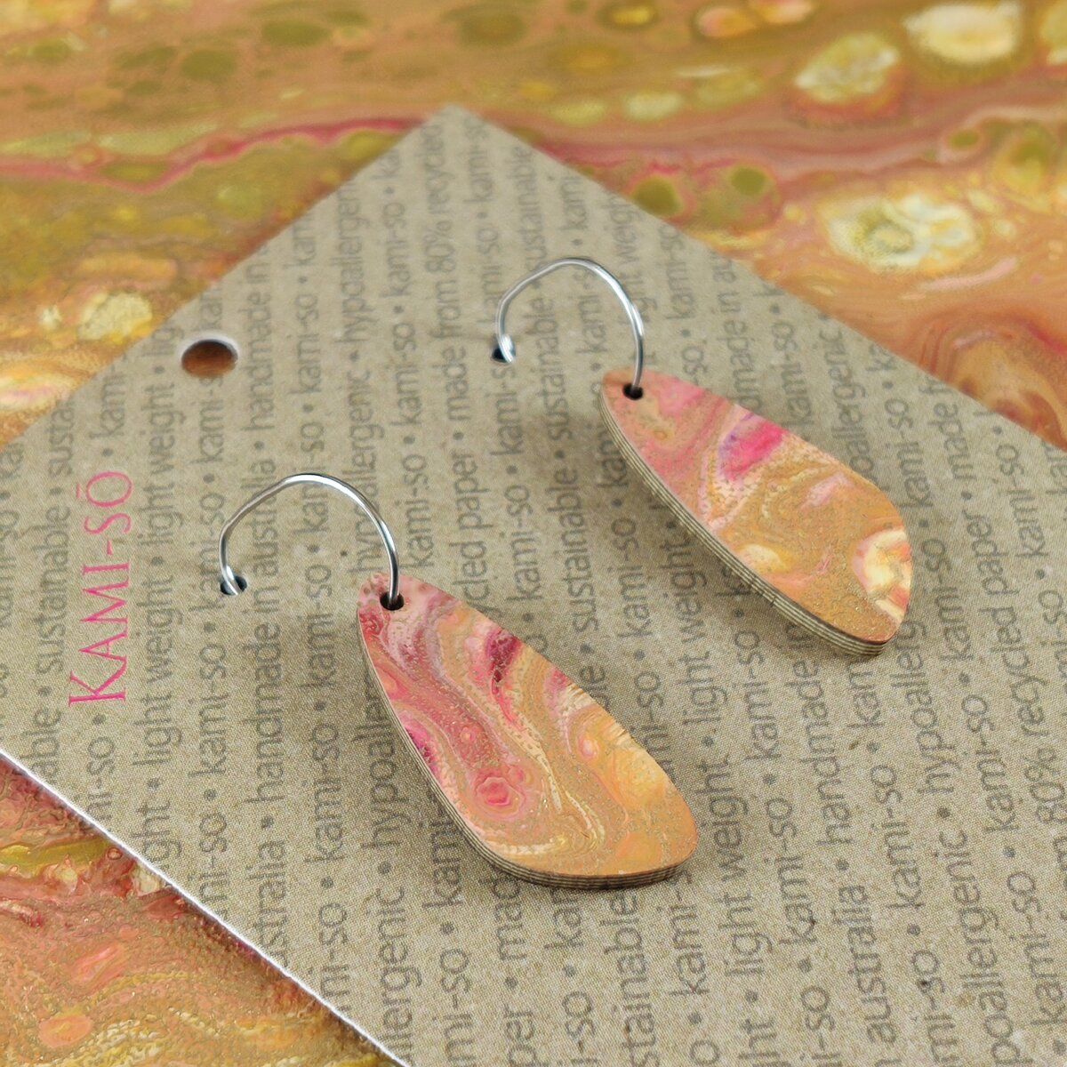 Oval Recycled Paper Earrings - Gold & Red